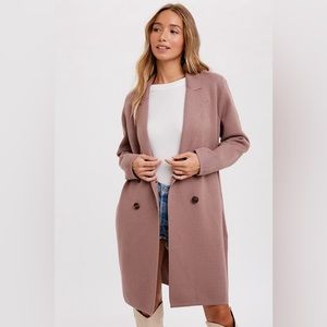 Bluivy Long Double-Breasted Trench Coat in Mauve (sweater/blazer)